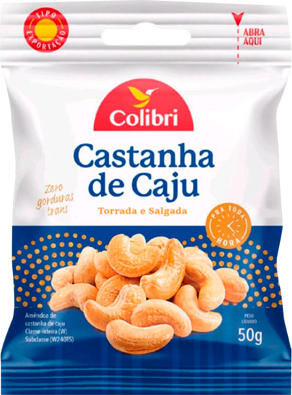Embalagem de Castanha de Caju Torrada e Salgada Colibri, sachê de 50g